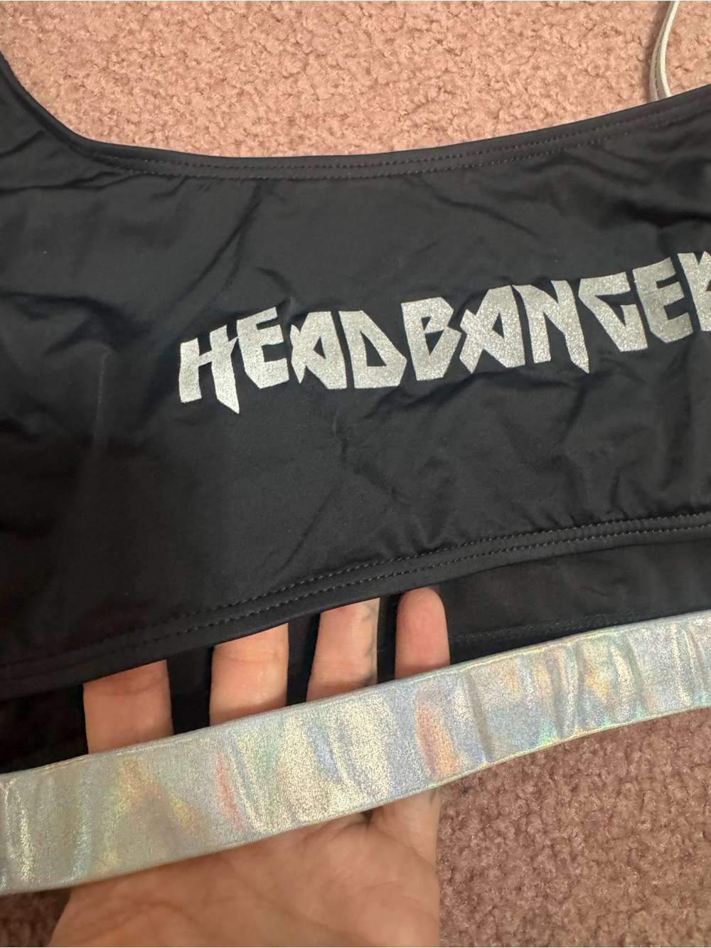 New 1x black headbanger crop top tank festival rave holographic outfit stretchy - Picture 2 of 4